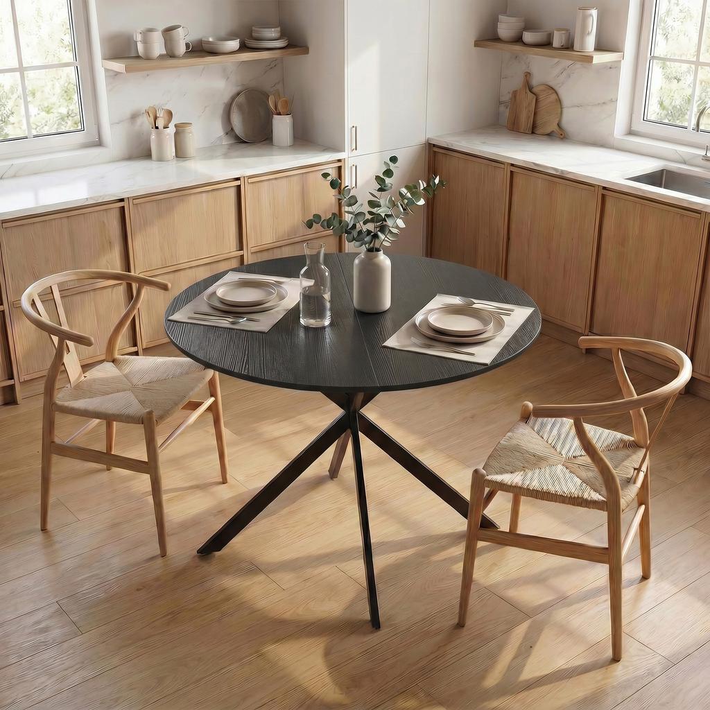 Round Dining Table for 4 People, 100 cm, Industrial, Wood-Look Top, Steel Cross Base, Black