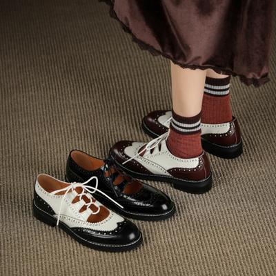 Fashion Oxford Shoes Women Split Leather Shoes for Women Spring/Autumn Women Loafers Summer Brogues Vintage Lace-up Shoes Women Pumps
