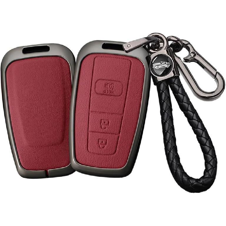 HIBEYO 3 Button Key Fob Cover Compatible With Toyota 4Runner 2016-2024 RAV4 Camry Prius Prado Key Leather & Alloy Key Cover Accessories With