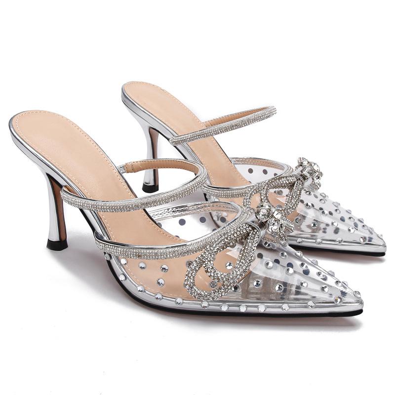 

Spring and summer European and American new rhinestone bow high-heeled sandals transparent pointed stiletto high heels fashionable and elegant foreign 34