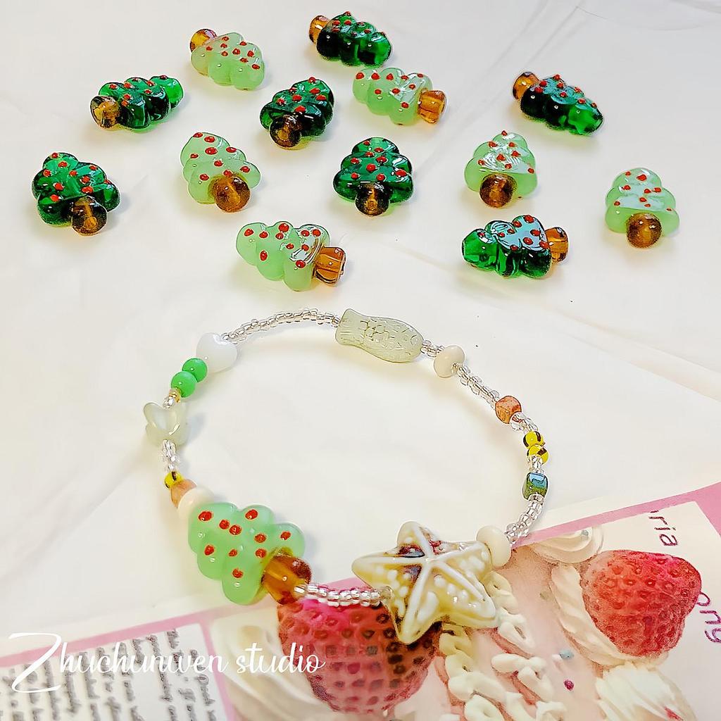 Hand-Painted Christmas Tree Glass Beads for DIY Jewelry & Phone Chains