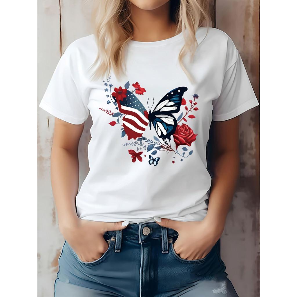 A Stylish Women's Vacation Graphic Print Short-sleeved T-shirt  Casual Sports Crew Neck T-shirt  Polyester and Spandex Blend  Stylish Women's Top  All