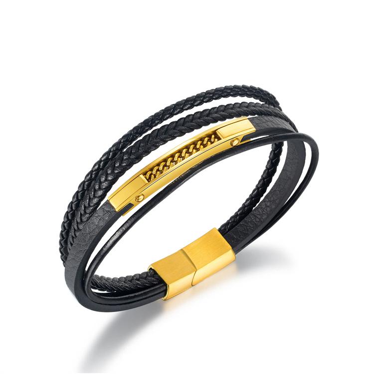 Handsome Men Silver&gold&black Leather Bracelet with Stainless Steel Clasp