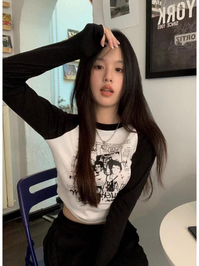 Women's Slim Fit Retro Color Block Long Sleeve T-Shirt
