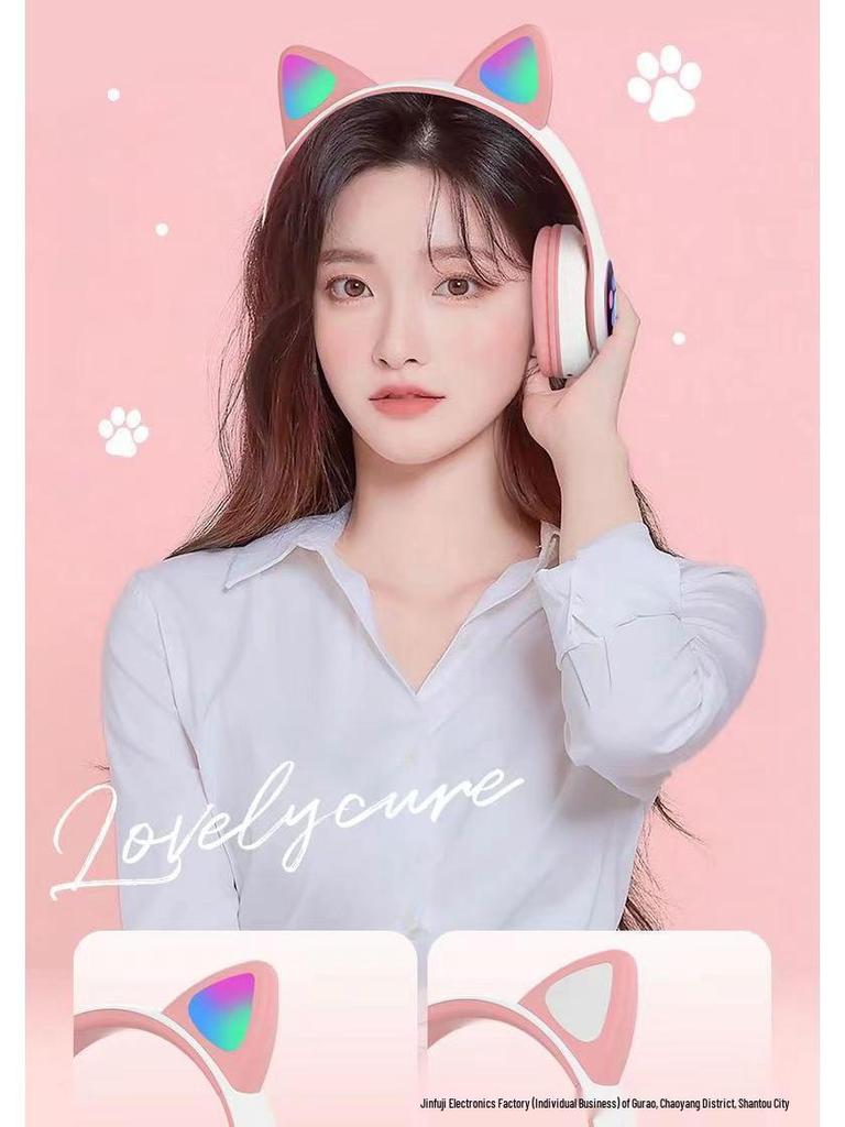 N28 Bluetooth Cat Ear Headphones for Girls - Pink, Luminous, Wireless, Colorful Lights
