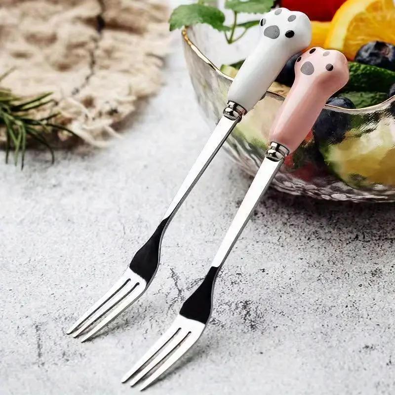 1PCS Cat's Paw Fruit Fork Stainless Steel Dessert Fork Colorful Tea Forks Small Fork Snack Dinnerware Party Home Dinnerware Set