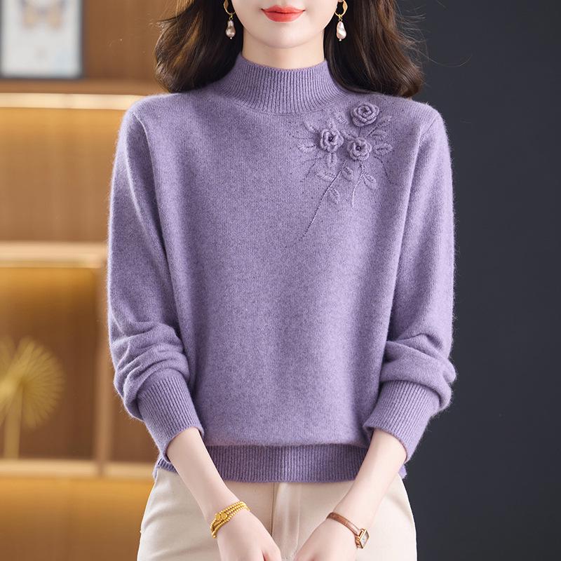 Women's Slimming Half-High Collar Wool Sweater - Thick Warm Winter Base Layer for Middle-Aged Women
