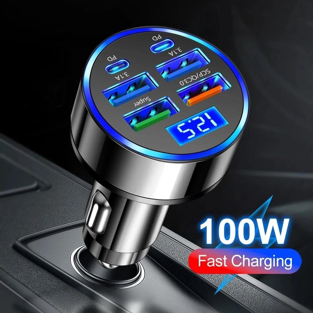 100W 6 Ports Fast Charging Car Charger PD QC3.0 USB C Car Phone Charger Type C Adapter in Car For iPhone Samsung Huawei Xiaomi