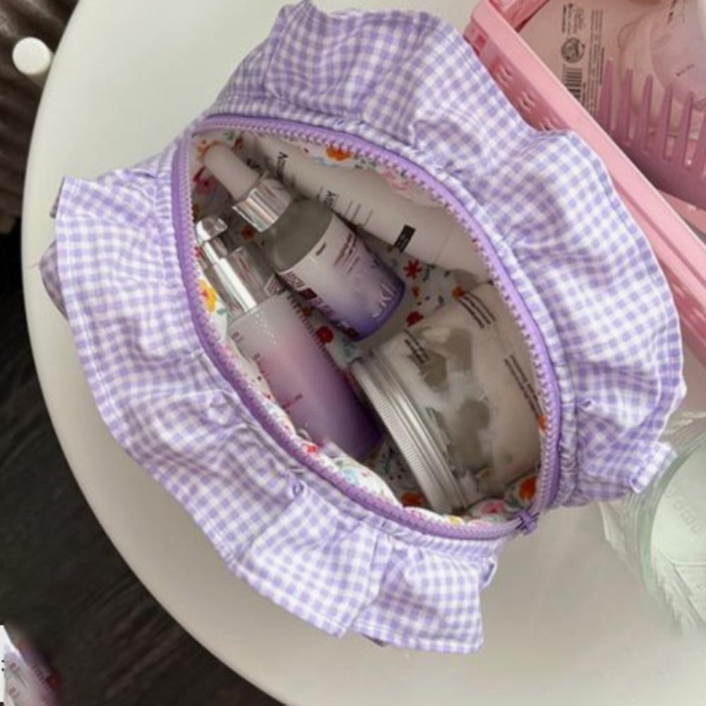 Large Capacity Ruffle Makeup Bag Plaid Pattern Wash Storage Bag Toiletry Organizer Skincare