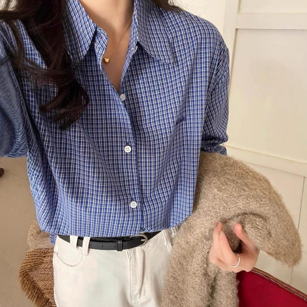 

Женская рубашка в синюю клетку с длинными рукавами, новая весенне-осенняя, с лацканами, свободный ретро-клетчатый топ XXL