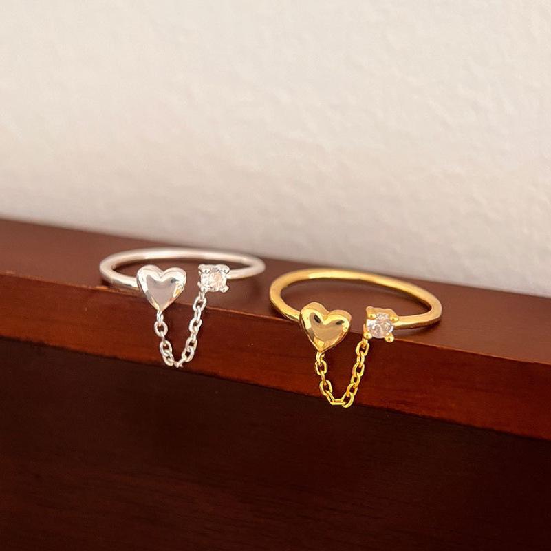 Chic Luxury Heart Tassel Zircon Chain Open Ring for Women