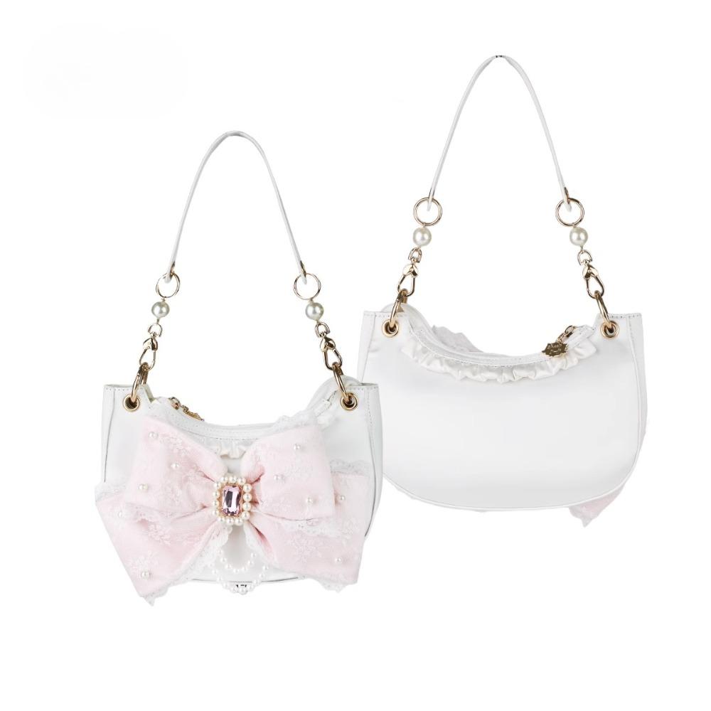 Women Pearl Chain Princess Underarm Bag With Bow And Rhinestone Lolita Shoulder Crossbody Sweet Fashion Daily Handbag