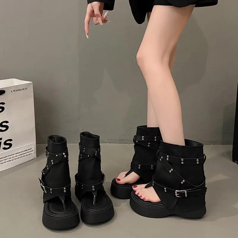 Fashion Retro Thi Heel Roman Booties Women's Faion Toe Cover High Top Sandals Heightening Zipper ort Boots Summer New Arrival