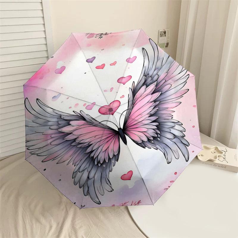 

1pc Wings Hearts Automatic Open/Close Umbrella Compact Folding Umbrella with 8-Rib Shaft for Women/Men, Elegant Birthday1190S