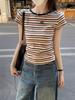 Women's Summer Retro Chic Striped Color-Block Slim-Fit T-Shirt with Short Sleeves