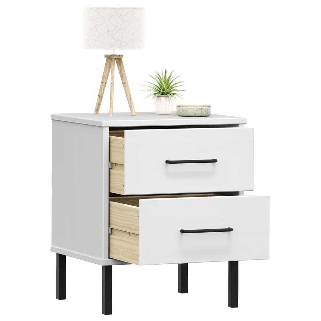 Nightstand OSLO with Metal Legs White Solid Pine Wood