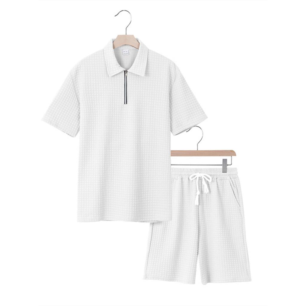 Men'S Solid Color Casual Collar Short Sleeved Shorts Two-Piece Set