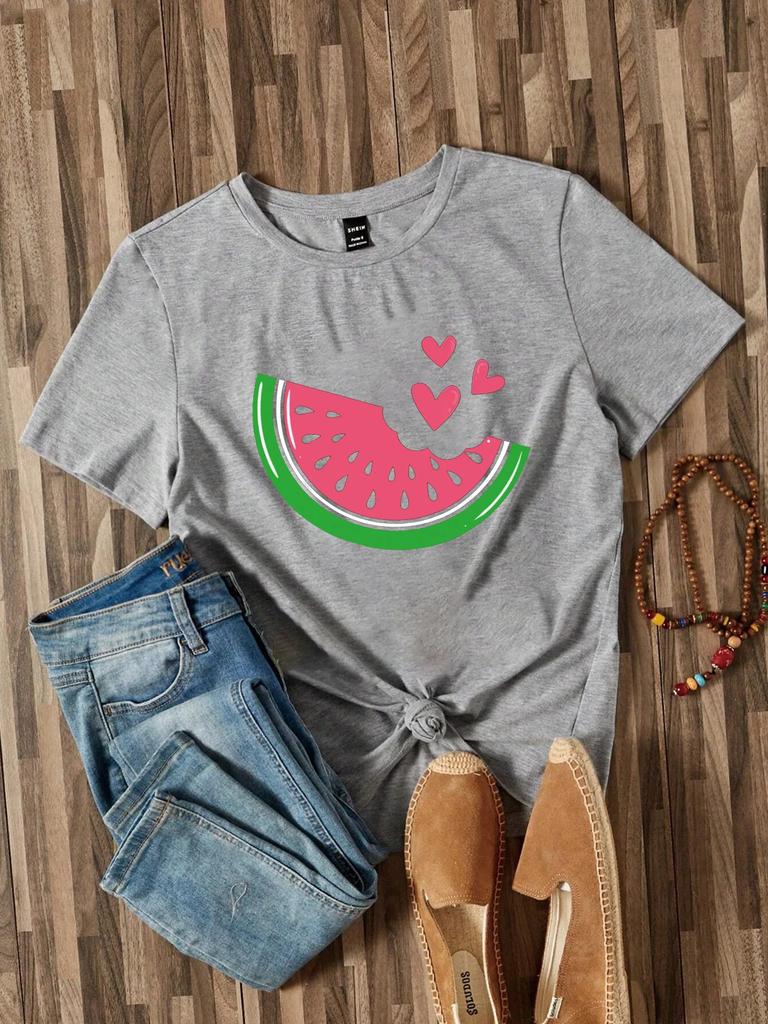 Watermelon Heart Women T Shirt Summer Fashion Short Sleeved T-shirt Tee Tops Printed O-neck Casual T-shirt Women's Clothing