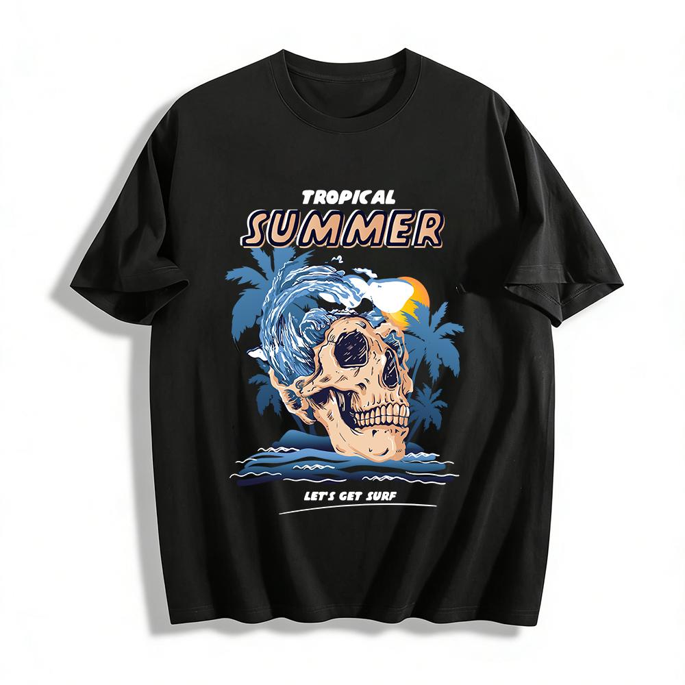 Summer Skull Wave Coconut Tree Graphic Casual Short Sleeve T-Shirt Pure cotton T-shirt XXS
