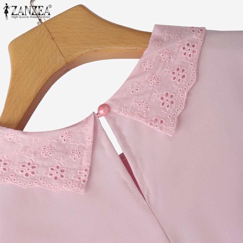 ZANZEA Women Casual Turn Down Collar 3/4 Sleeve Loose Crochet Blouse