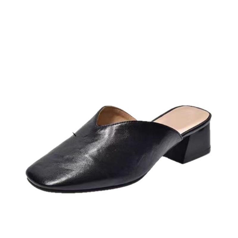 thick heel square head bag head drag leather half slippers women's versatile medium heel sandals women's brown outer wear drag
