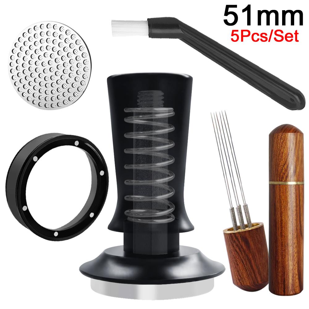51/53/58mm Espresso Tamper, 5Pcs/Set Coffee Tampers Tools with WDT Stirrer Tool, Puck Screen, Dosing Funnel, Cleaning Brush