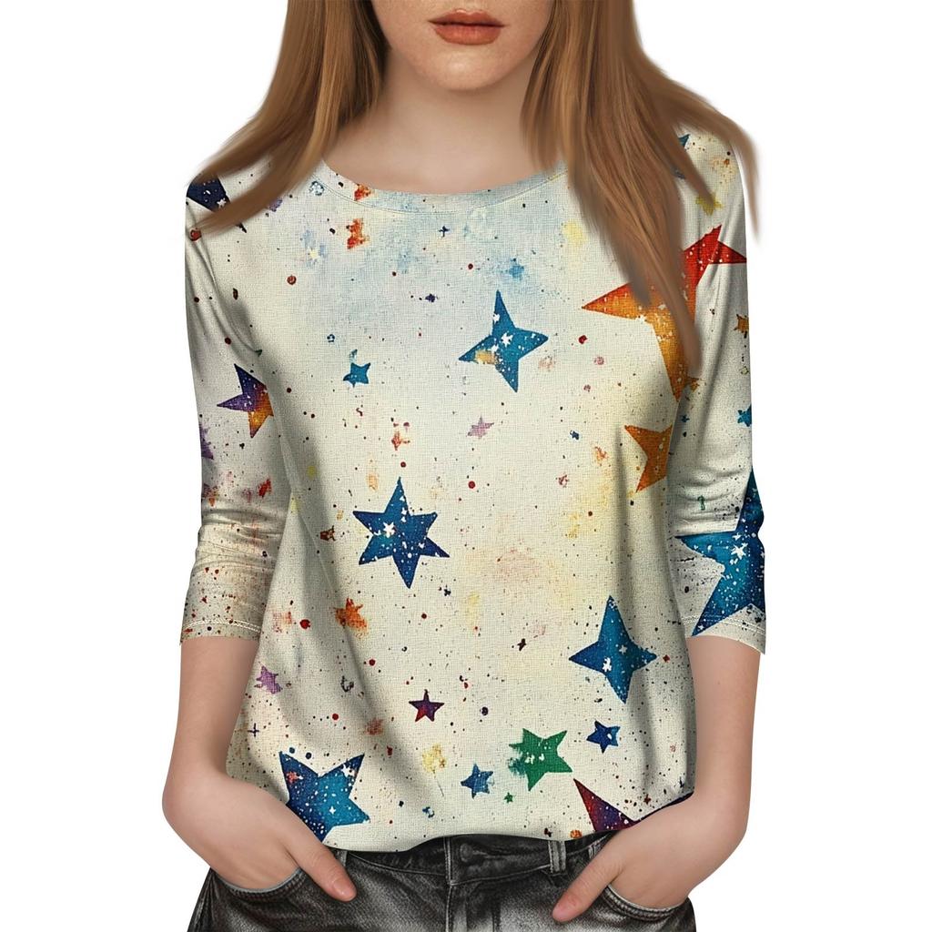 Dames Mode Casual Zeven Mouwen Onafhankelijkheidsdag Bedrukt Rond Hals T-shirt Top