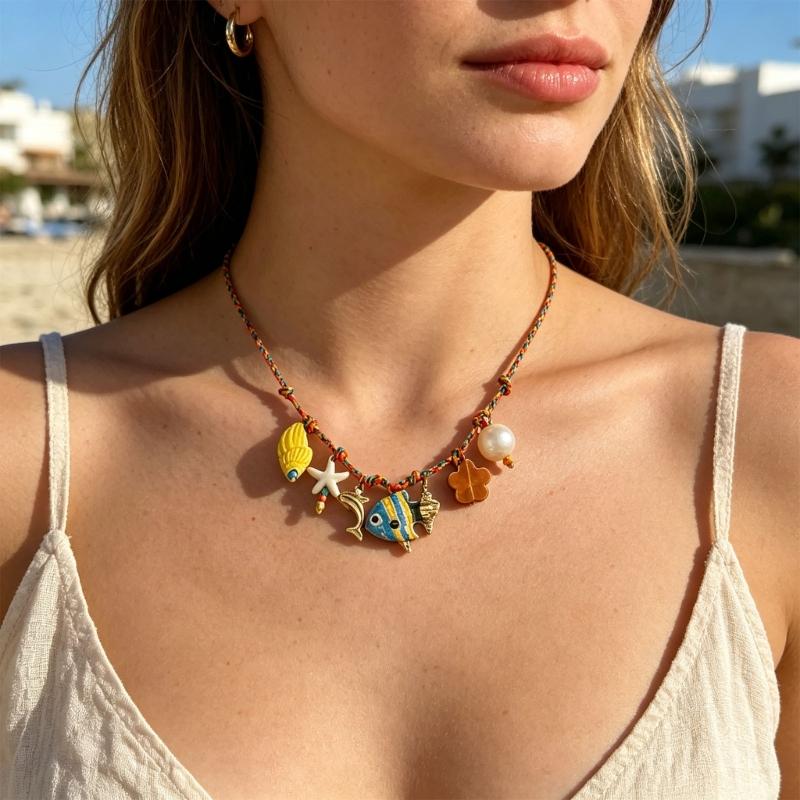 Braided Cord Shell Necklace Coastal Neckchain With Ceramic Ocean Details for Beach Vacation, Resort Wear and Casual Use