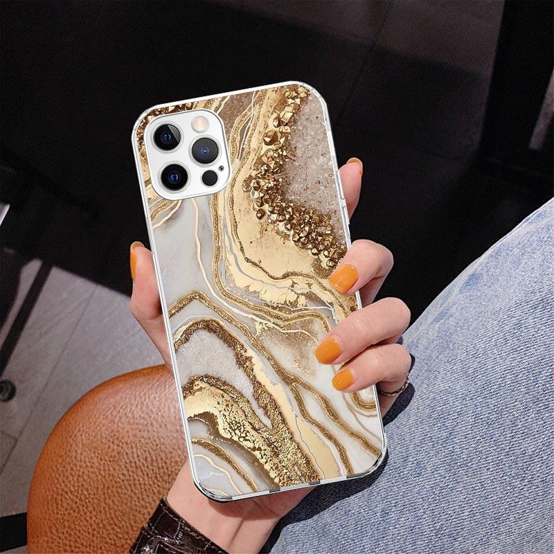 Fashion Gold Pink Geometric Marble Phone Case For iPhone 17 Air 16 Pro Max 16E 15 + 14 Plus 11 12 13 Mini 7 8 SE Gift Print Cove
