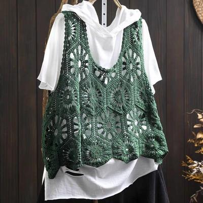 Vesta Croșetată Verde pentru Femei, Fără Mâneci, cu Model Ajurat, Largă, Casual, Stratificată