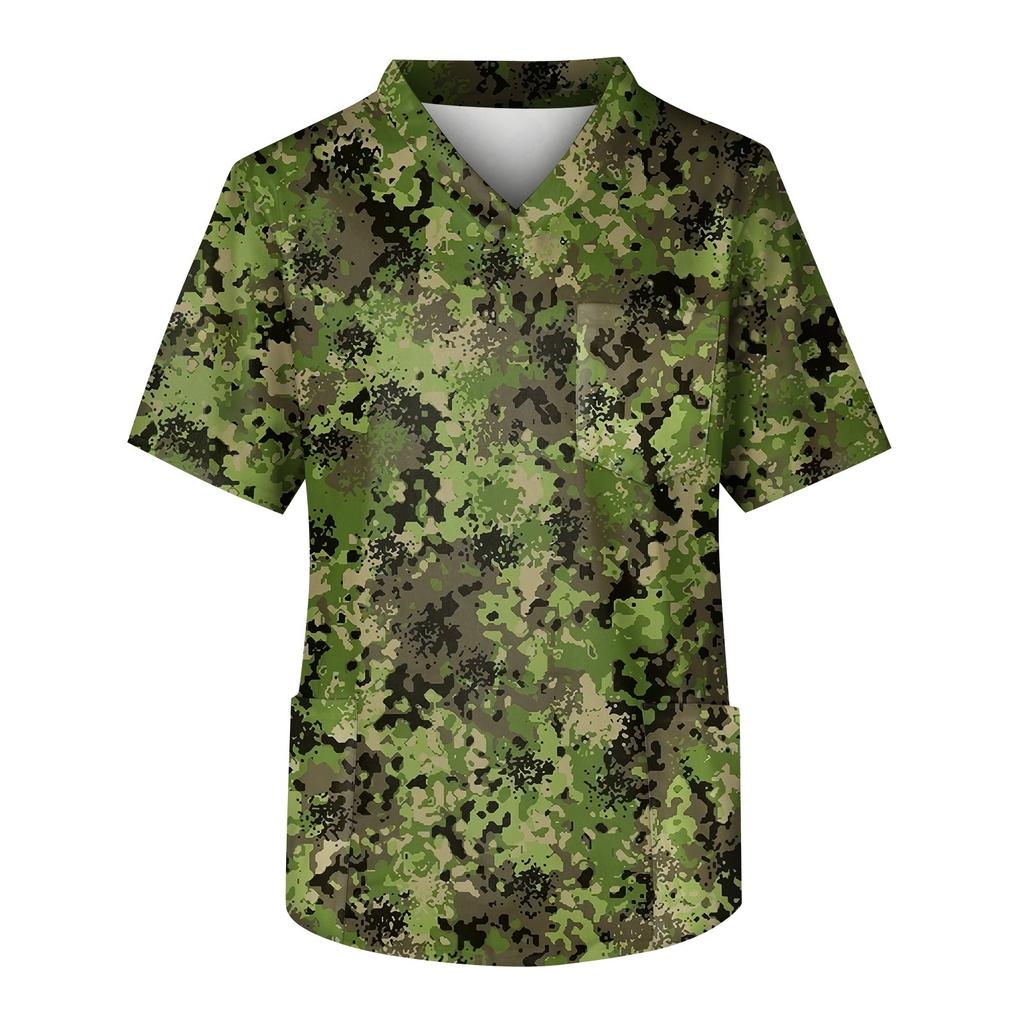 Bluză de lucru pentru bărbați, cu mâneci scurte, cu decolteu în V, cu buzunare la piept