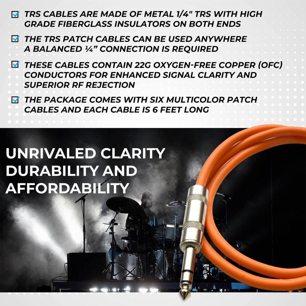 Seismic Audio SATRX-6BGORYP 6-Pack Multi-Color 6-Foot 1/4 Inch TRS To 1/4 Inch TRS Patch Cables