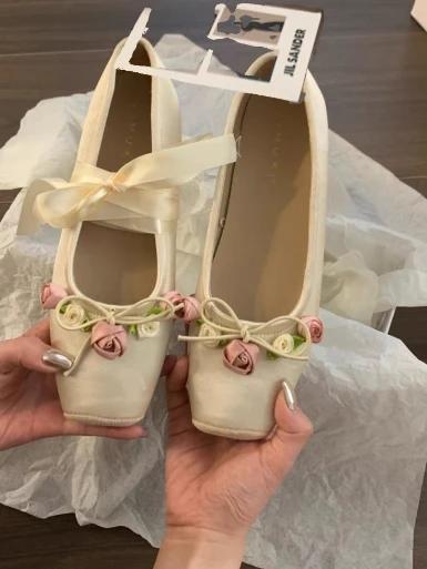 New Women's Flat Footwear Pink Ballet Women Single Shoes Fashion Lace Up Girl Mary Jane Shoes Sweet Flowers Ladies Spring