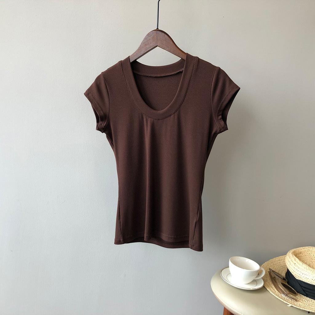 Solid Colour T-shirt Women 2024 Summer Simple U Neck Slim Stretch Body Shirt Tops