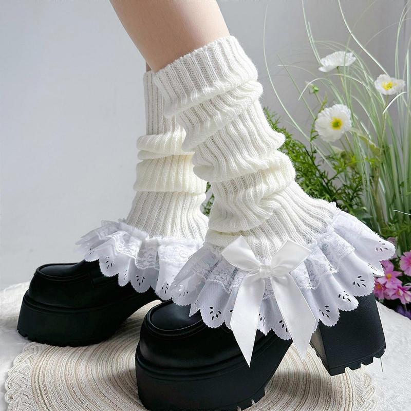 Girls Lolitas Ruffle Frilly Leg Warmers Knitted Leg Sleeves Goth Crochet Ankle Heap Socks JK Uniform Foot Covers  White