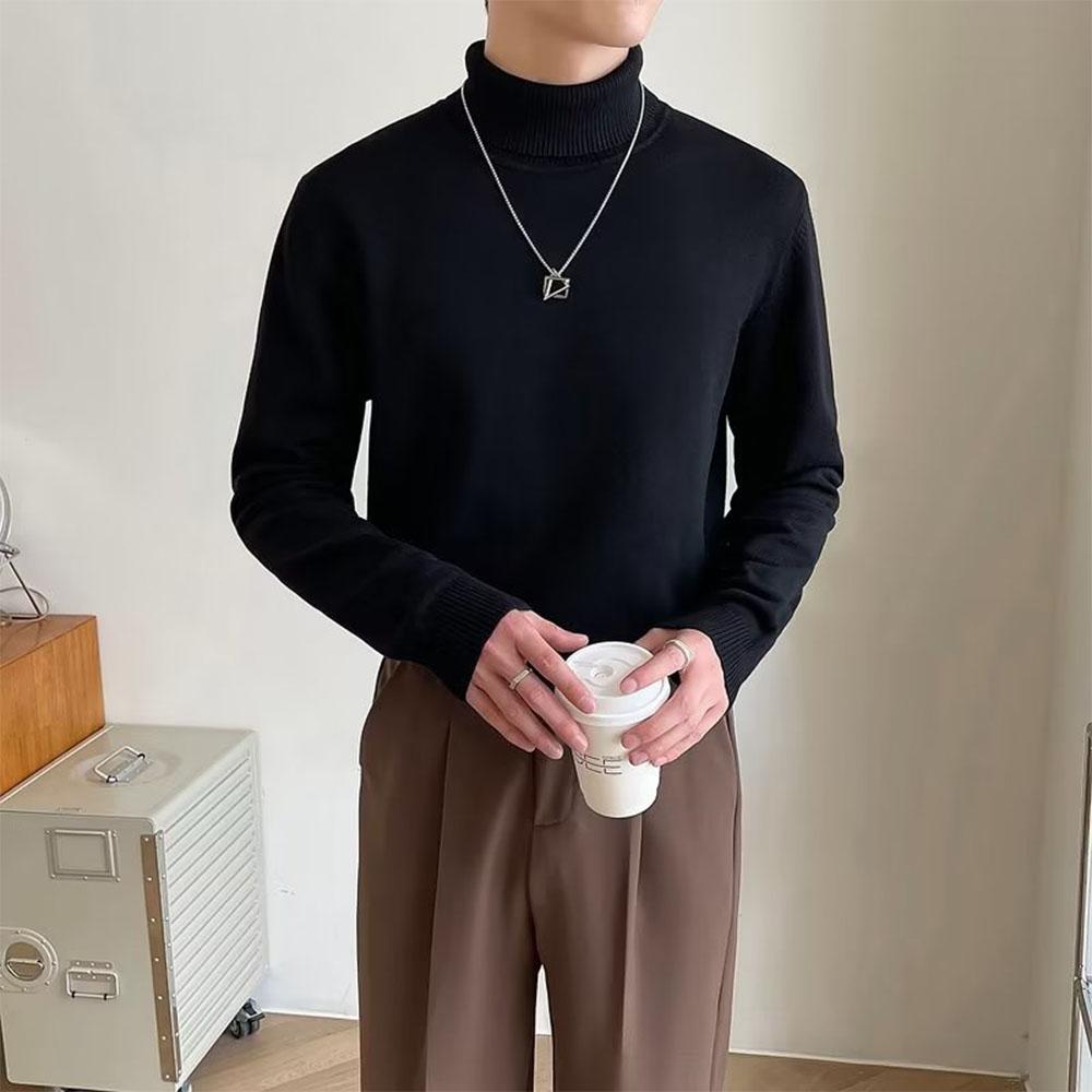 Vinterskjorte for menn, fleecegensere, casual genser, ensfarget, grunnleggende gensere med høy krage, koreansk trend, herremote