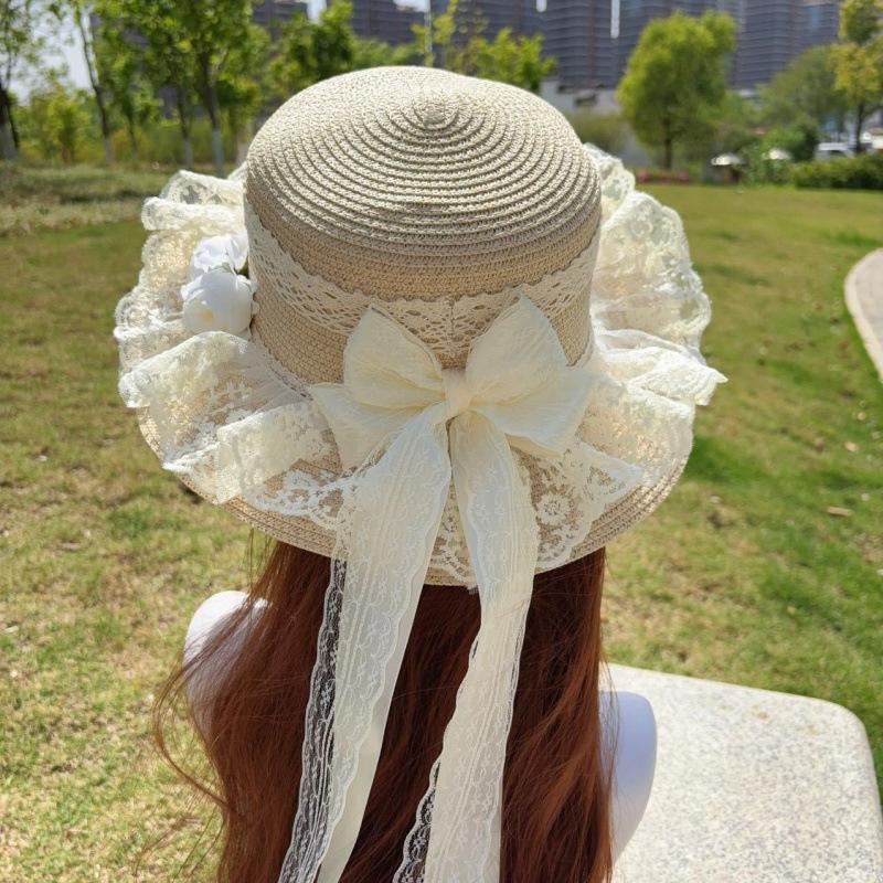 A Mori Pastoral Lo Girl Soft Girl Hat Lace Bow Visor Doll Woven Hat Streamer