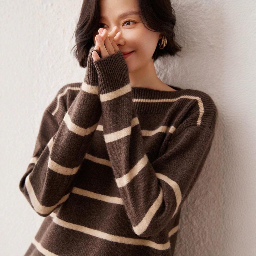 Women's One-Shoulder Striped Cashmere Sweater - Korean Style, Loose Fit Knitwear Top