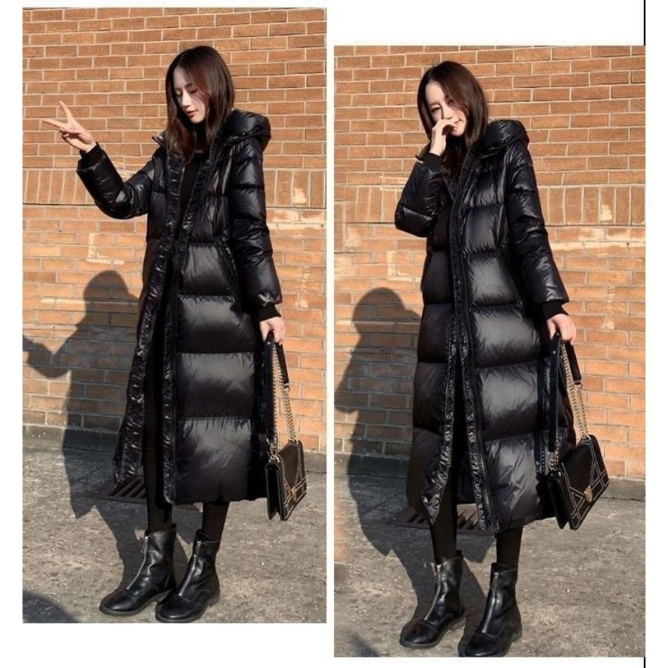 Women's Black Shiny Long Down Cotton Coat, Korean Style Thermal Insulated Slim Fit Winter Jacket, Instagram Trendy Plus Size Parka for Cold Weather