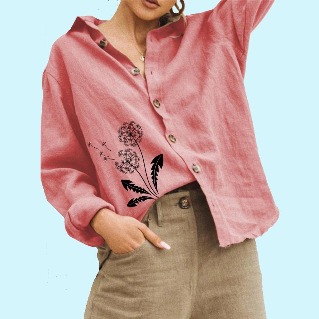 Women Fashion Buttoned Linen Shirt Floral Print Blouse Ladies Casual Long Sleeve Blouse