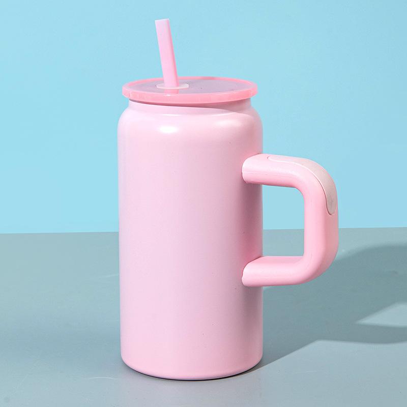 16ozMini Mason Insulated Cup with HandleStainless Steel Straw Insulated Cup Fashionable Couple Water Cup High Appearance Quality 16OZ розовый