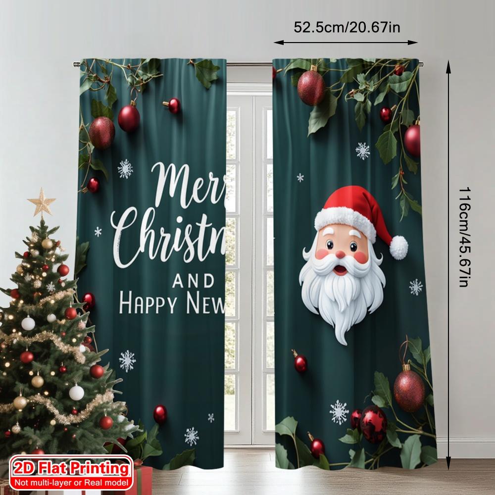 2pcs 2D Flat Printing Merry Christmas Curtains Merry Christmas Happy New Year_a Polyester Without Electricity Festive Holiday