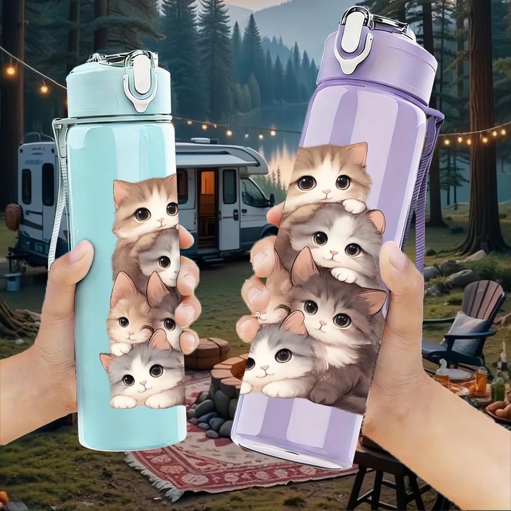 1 Stück gestapelte flauschige Katzen Kunst 750ml Farbe Kunststoff Sportwasserflasche Auslaufsicher Klappdeckel mit Strohhalm Geeignet für Sport Büro Zuhause