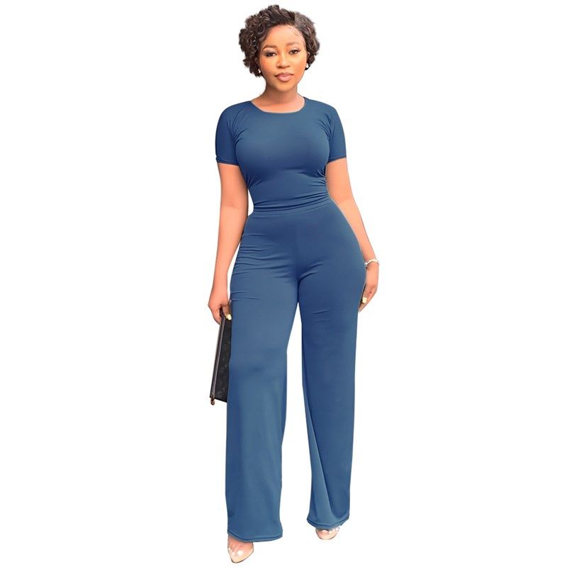 

9611 Pure Color Casual TwoPiece Set for Women in Europe and Blue XL
