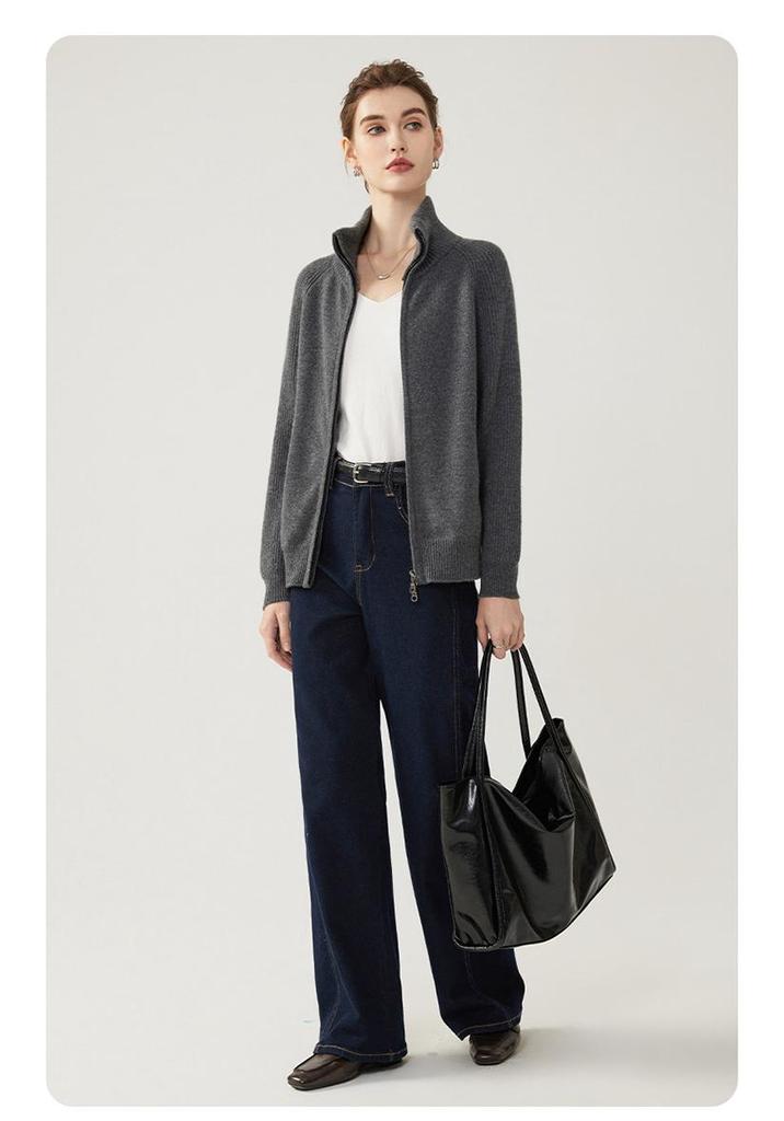 Women's Elegant Cashmere Cardigan: Winter 2026, Double Zipper, Loose Fit, Lapel Base Layer, Warm Outerwear