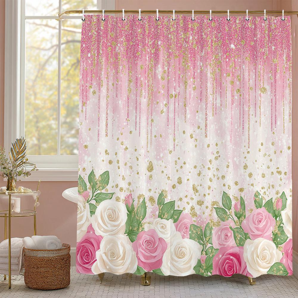 Shiny pink rose flowers Shower Curtain, Bathroom Decorative Shower Curtain, Printed Polyester fabric Shower Curtain with Hooks