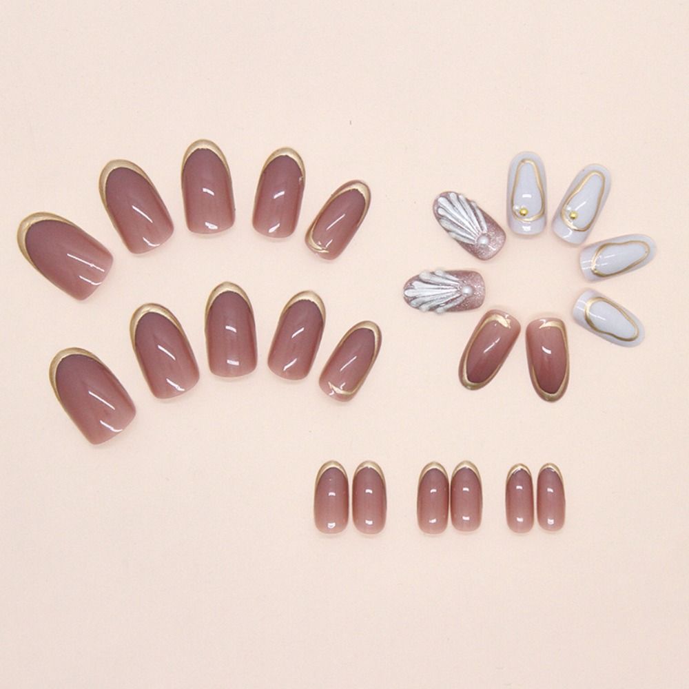 24pcs Manicure Oval False Nails Cat Eye Shell Pearl Press on Nails Detachable French Fake Nails DIY