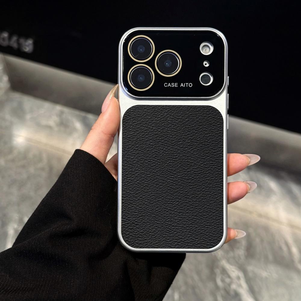 New Solid Color Leather Texture Phone Case For iPhone 17 16 15 14 Pro Max 13 Bumper Crystal Large Window Shockproof Cover