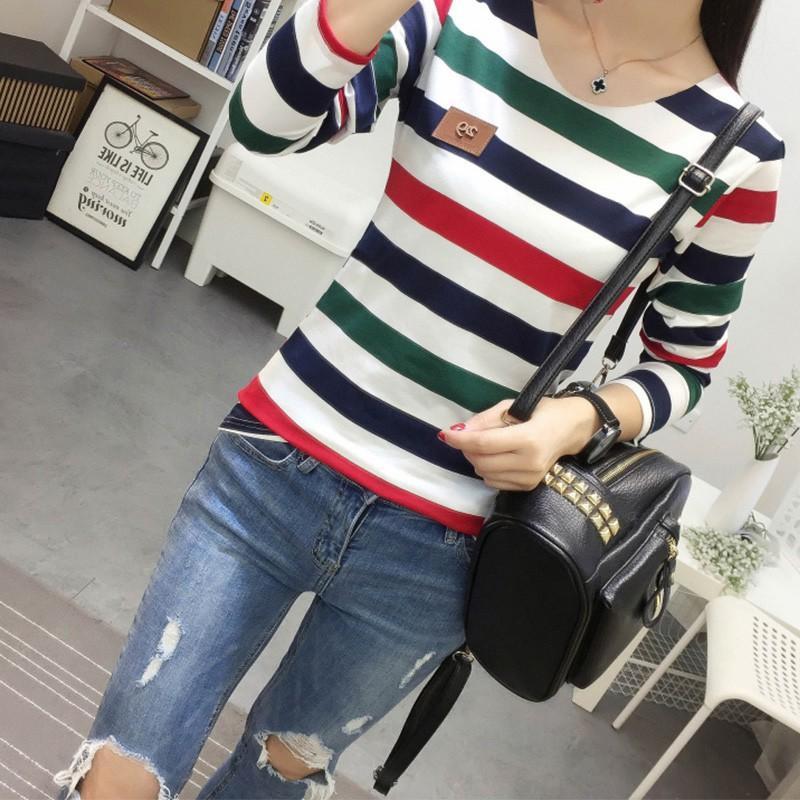 

Женская футболка с длинным рукавом в грубую полоску, женская повседневная тонкая блузка с круглым воротником, топы XL синий/зелёный