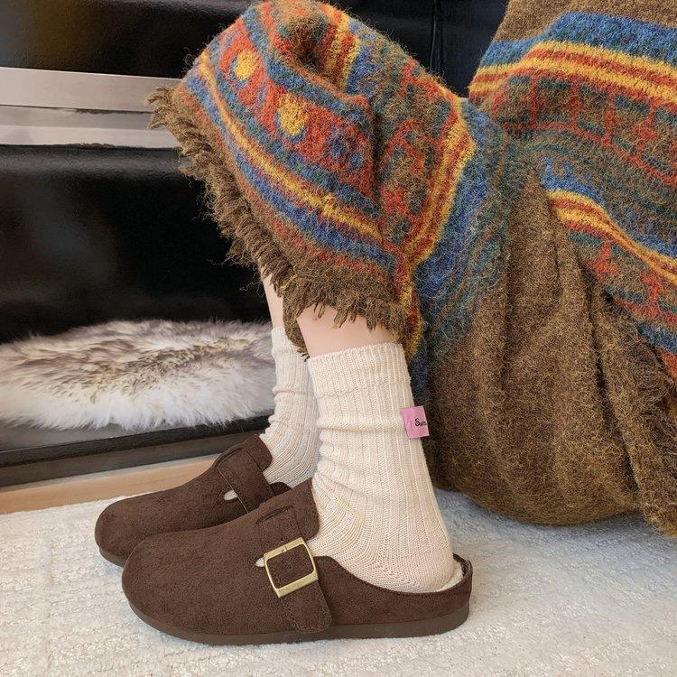 New Velvet Half Slippers Women's Autumn and Winter Retro One-pedal Women's Shoes Thick-soled Heightening Bag Head Drag